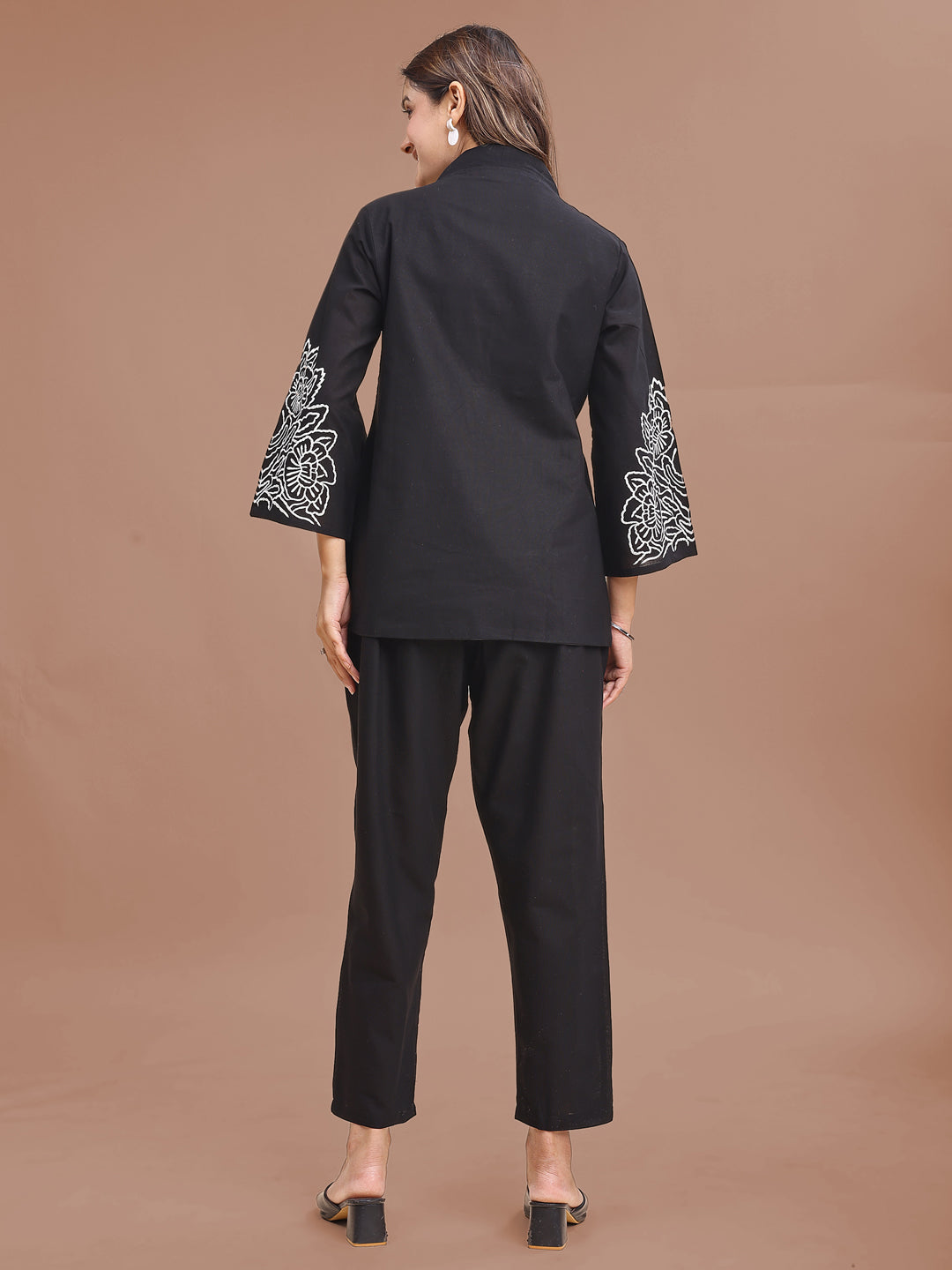 Black Colored Pure Cotton With Black Thread Embroidered Shirt & Trouser Co-ord Set
